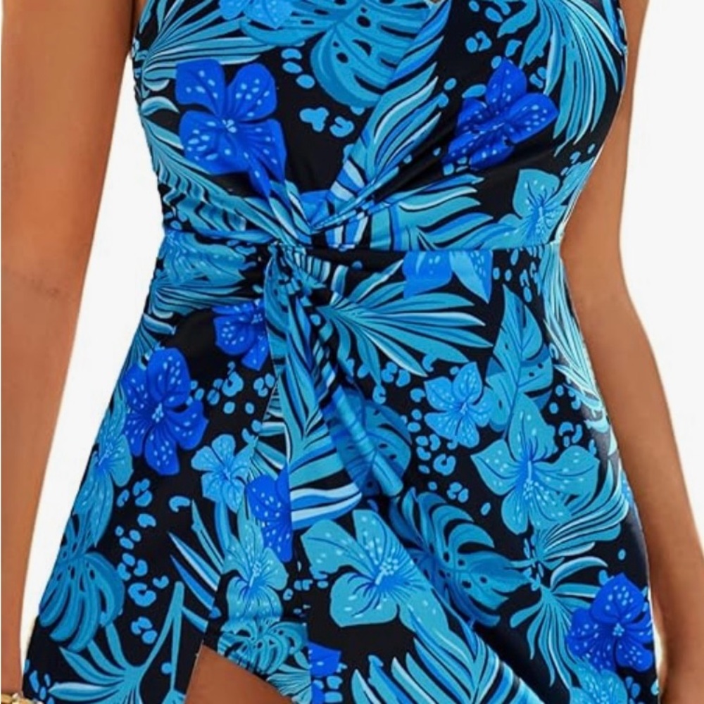 Grace Karin Blue and Black One Piece Swimsuit with Tropical Print